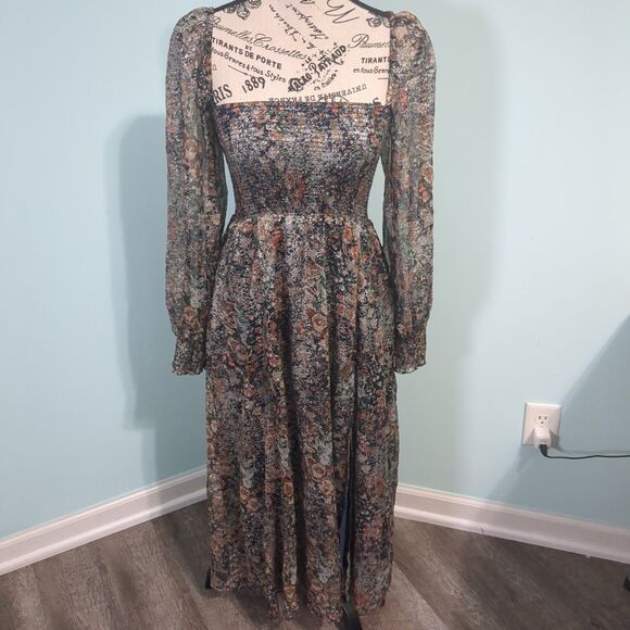 O.P.T Womens Floral Smoked Bodice Midi Chiffon Dress small Color Multi - Picture 1 of 4